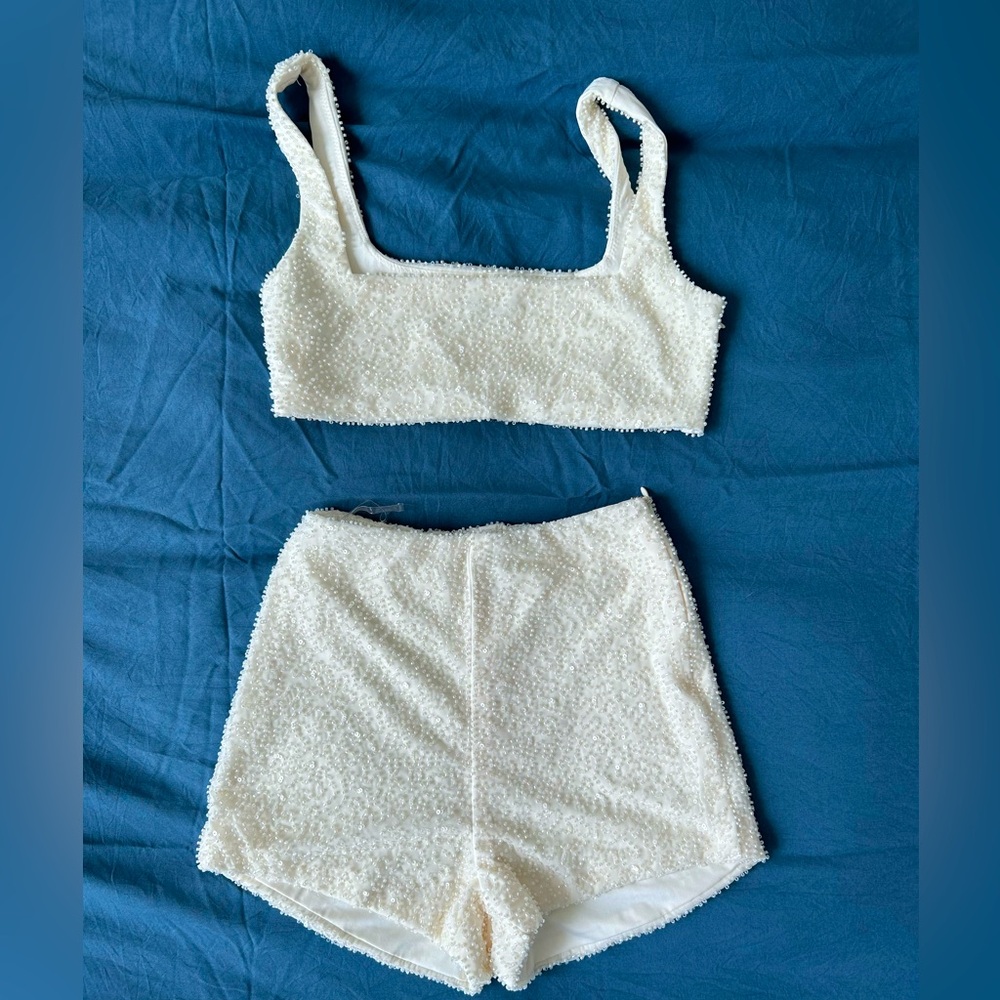 NWOT OHPOLLY beaded cream mini micro short and crop tank set size 0 short 2 top
